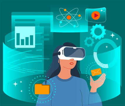 Futuristic woman using virtual reality headset, innovation and digital future concepts. Modern woman with VR headset working with business data. Virtual interface with science and technology icons. 