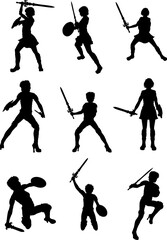 Black silhouette of a female warrior holding a sword and shield. Brave fighter in battle pose, medieval weapon, fantasy character illustration, strong woman, heroic stance on white background.