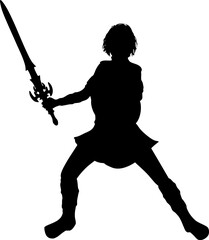 Black silhouette of a female warrior holding a sword and shield. Brave fighter in battle pose, medieval weapon, fantasy character illustration, strong woman, heroic stance on white background.