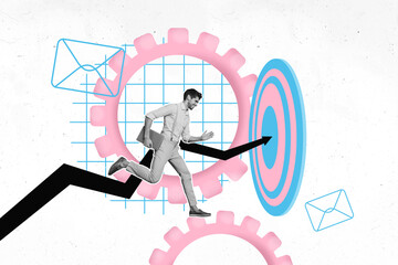 Artwork sketch image vertical collage of happy businessman run gearwheel arrow target carry laptop...