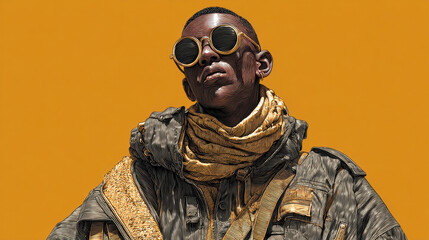 Close up Portrait of a Man with Textured Scarf and Sunglasses Against a Yellow Background