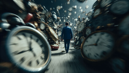 Man walking through a surreal landscape of floating clocks and timepieces