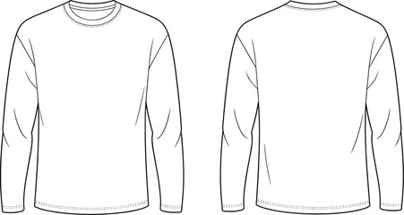 Long sleeve t-shirt front and back flat sketch, vector outline, CAD fashion template, technical drawing for apparel design
