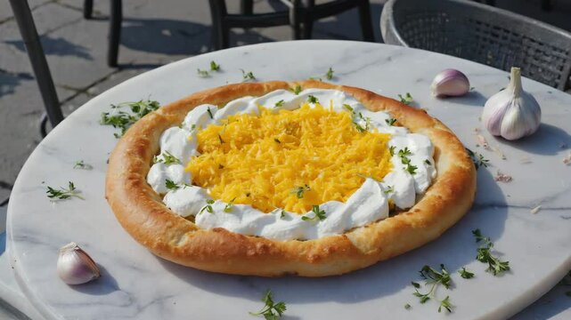 Hungarian fried bread, L&aacute;ngos, Served with sour cream and grated cheese, Rich golden tones with crispy edges,  Crispy and indulgent
