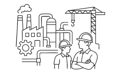 Factory with chimneys, pipes, machinery and two engineers in helmets. Educational industrial coloring page. 