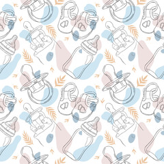 Childrens line-style pattern with branches, nipples and colored spots. Vector illustration