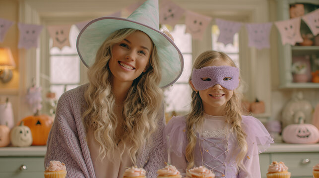 A woman and a girl celebrate Halloween in a decorated kitchen. The woman has long blonde hair and wears a witch hat. The girl wears a purple mask and costume. Halloween treats are displayed.