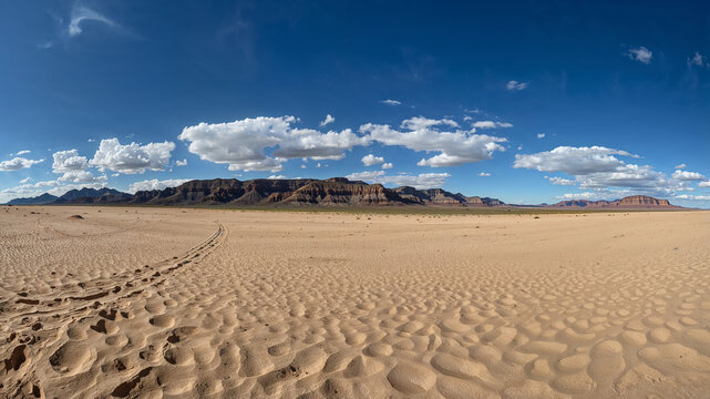Tire tracks crossing a sandy desert towards sandstone mountains under blue sky with clouds