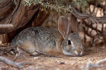 Fototapeta premium A Desert Cottontail Rabbit resting in the shade of a creosote bush in the Sonoran Desert Pima County Tucson Arizona 2018