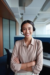 A woman wearing a headset and smiling in front of a computer. She is wearing a tan shirt and white pants
