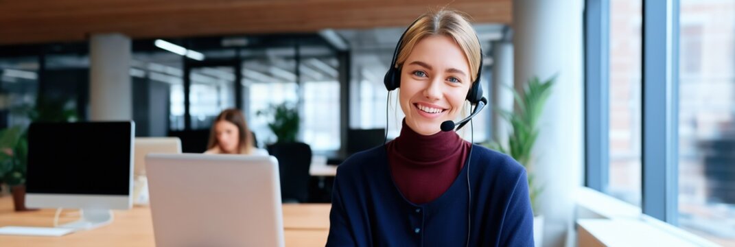 A woman wearing a headset is smiling at the camera. She is sitting at a desk with a laptop in front of her