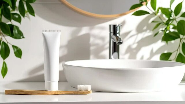 Minimalist Bathroom Scene Featuring a White Toothpaste Tube and Bamboo Toothbrush Beside Stylish Sink