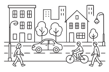 Urban street with buildings, trees, people walking and a cyclist. Minimalist city coloring page for kids. 