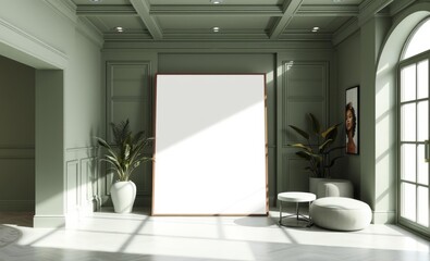 A mockup of a poster featuring a serene sage green interior design inviting viewers to enter a world of tranquility and sophistication  professional presentation blank empty  creative composition vers