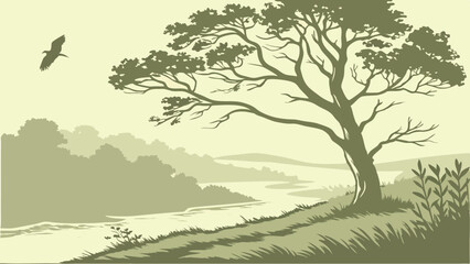 Fototapeta premium Vector Serene landscape featuring large tree, river, and distant hills, evoking tranquility and nature