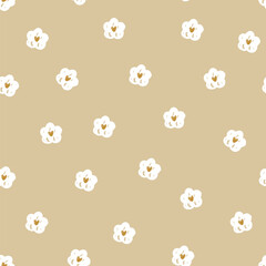 Pattern with daisy flowers , hand drawn white flowers with hearts, seamless pattern. Vector illustration.