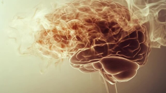 A detailed rendering of a brain, enveloped in a swirling cloud of warm, hazy smoke