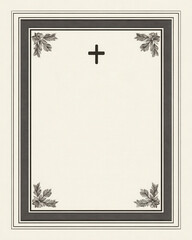 Minimalist Christian funeral template with cross, corner leaves, and blank space for memorial details