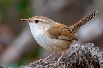 The female superb wren is brown with a white chest and tan head wings and tail
