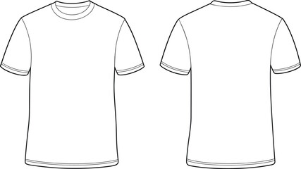 Plain short sleeve t-shirt, front and back view, fashion flat sketch, CAD drawing, vector apparel template, unisex casual wear design