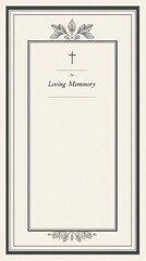 Minimalist Christian funeral template with cross, corner leaves, and blank space for memorial details