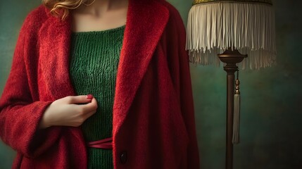 Woman in a red coat and green sweater.
