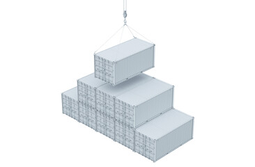 Crane assembly of shipping containers forming a pyramid-shaped stack. Mock up. Isometric view. Isolated on a transparent background. 3d illustration.