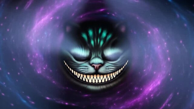 Cheshire Cat Appears in a Swirling Galaxy, depicting a whimsical fantasy scene with a mysterious, glowing smile, surreal and dreamlike.