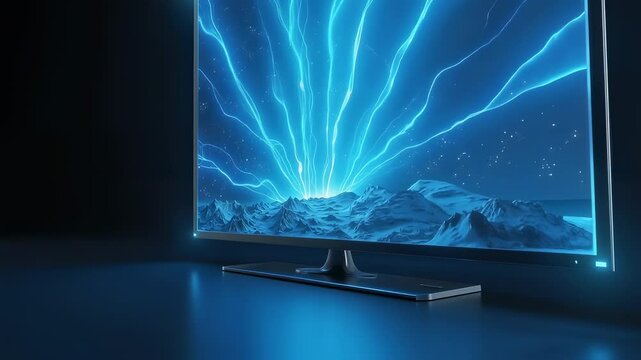 Holographic lightning display on wide screen for futuristic tech and entertainment visuals