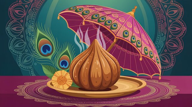 Elegant Ganesh Chaturthi Celebration with Modak Sweet and Decorative Umbrella