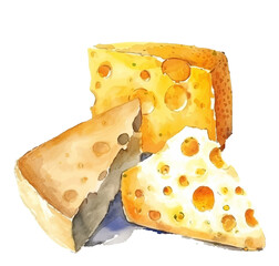 Swiss cheese wedges with characteristic holes vector illustration isolated on white background. Rich yellow and golden tones create a tasty and artistic food element perfect for culinary projects