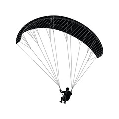 Silhouette of a person paragliding against a white background