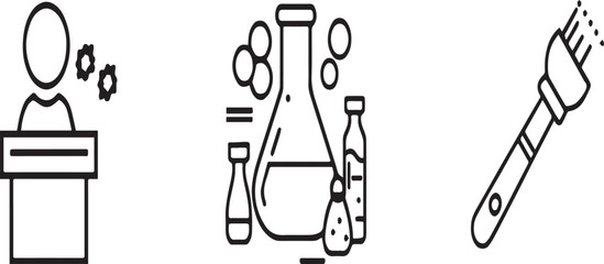 Icons representing a speaker at a podium chemistry equipment and a paint brush on a white background