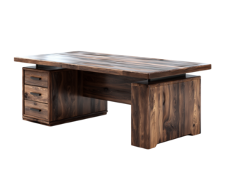 A large, dark brown wooden executive desk with sleek lines and four drawers offers a sophisticated workspace. isolated on a white background