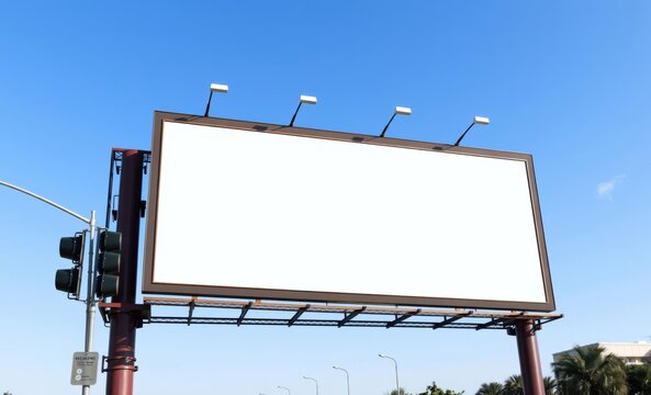 A vibrant billboard mockup its surface adorned with bold colors and a striking design stands majestically against a clear blue sky ready to capture the attention of passersby  professional presentatio