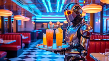 Robot Waiter Serving Drinks in a Retro Diner, Futuristic Bartender Carrying Cocktails in a Vintage Restaurant