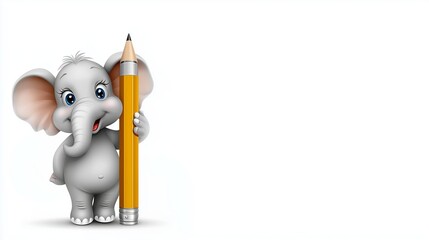 Cute cartoon elephant holding a giant pencil with a friendly smile