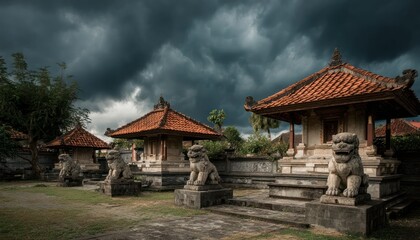 Fototapeta premium Dramatic vista of traditional temple complex beneath a brooding atmospheric cloudscape