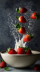 Fresh strawberries falling into a bowl of milk.