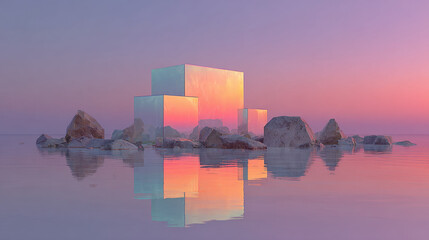 Holographic Cubes Reflecting in Calm Water at Sunset
