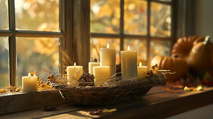 Warm autumn candles and pumpkins on rustic windowsill in cozy seasonal decor