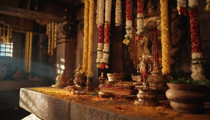 Fototapeta premium Sacred space adorned with floral garlands and intricate decor, embodying tranquility and reverence