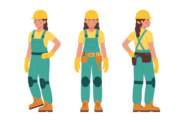 Female construction workers, safety helmets, builder team, engineering staff, construction site, modern vector illustration