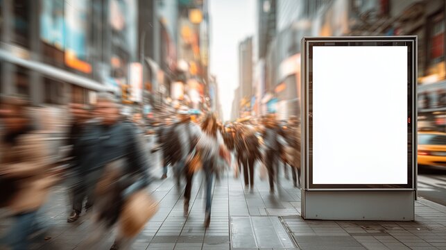 A blank digital billboard stands in a busy urban area with blurred pedestrians and tall buildings in the background. The scene captures the fast-paced nature of city life.