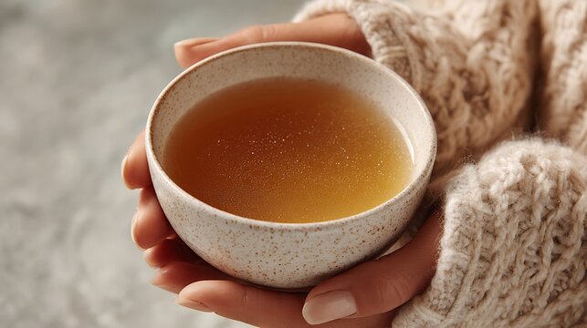 Woman Holds Warm Bone Broth in Hands.
