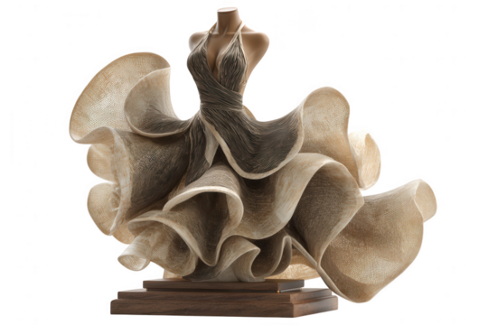 A flowing dress made of textured fabric is isolated on transparent background