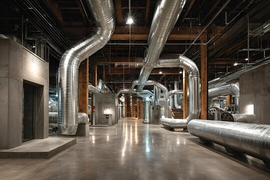 Complex network of hvac ducts traversing an industrial space, showcasing polished concrete floors and exposed wooden beams, highlighting modern engineering and architectural design