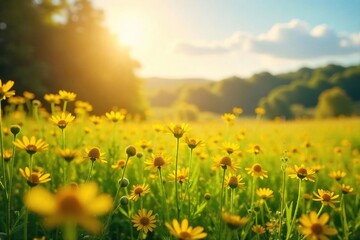 Fototapeta premium Golden Wildflowers Swaying Gently in a Sun-Drenched Meadow A Tranquil Summer Scene of Natural Beauty, Perfect for Idyllic Backgrounds and Peaceful Imagery