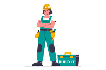 Female builder with toolbox, construction worker, engineering staff, safety helmet, modern vector illustration, builder team