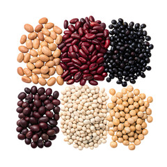 Variety of Beans Kidney Pinto Black Navy White Beans  Soybeans  Food Photography on transparent background